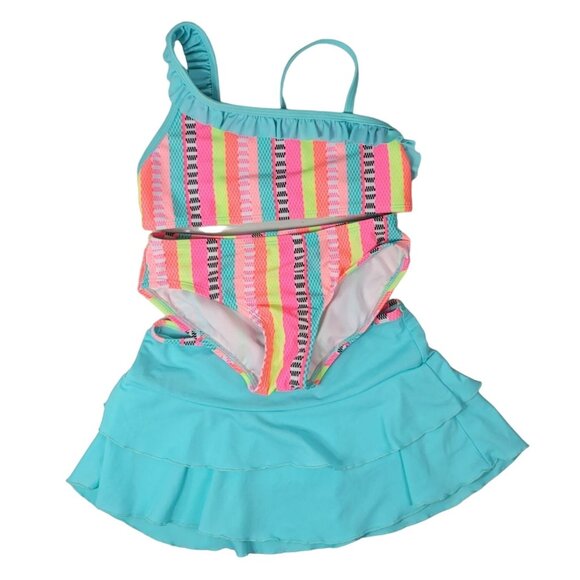 Cat & Jack Girls Swimsuit Set Pink Blue Medium Bikini Skirt Cover Stripe 3 Piece - Picture 1 of 16